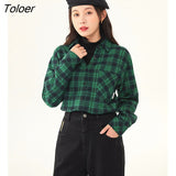 Women Fake Two Piece Shirts 2022 Winter Long Sleeve Loose Blouse Blue Green Check Vintage Chic Casual Streetwear