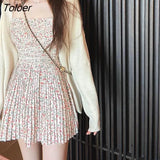 Women Casual Sweet Cardigan Bandage Pleated Mini Floral Dresses Sleeveless Design Elegant Spring Retro Ladies Chic