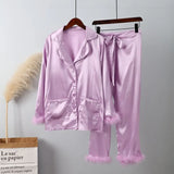 Wear Women Soft Feather Home Suit Button Up Top Slim Pants Two Piece Set 2022 Casual Pajama Elegant Lady Homewear