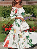 Print Off Shoulder Dresses For Women Slash Neck Short Sleeve High Waist Hit Color Elegant Dress Female Fashion Summer
