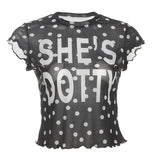 2025 Summer New Women's Hottie Collar Print Wood Ear Perspective Mesh Yarn Short Top