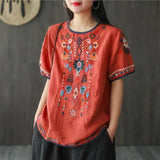 Women's Clothing Vintage Folk Fashion Embroidery Pullovers Commute Loose Spliced All-match O-Neck Summer Short Sleeve T-shirt-Outfit