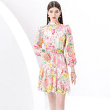 High-End Squeer Hook Lace Dress Women's Waists Thin High-Collar Lantern Sleeves A-Shaped