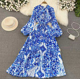 Quality Light Extravagant Lantern Long Sleeved Round Collar Waist Slim Single Breasted Printed Dress Elegant Long Skirt-Outfit