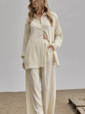 Loose Women Trouser Suits Long Sleeve Shirt With High Wasit Pants 2 Piece Sets Spring Pleated Elegant Office Lady