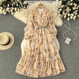 Fashion Summer Maxi Dress Women's Printed Sundress Casual Long Sleeve Vestidos Female High Waist Robe
