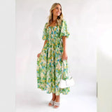Women's Hot Dress 2026 Summer Temperament Square Collar Print Bubble Sleeve Long Dress