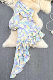 Women Floral Print Irregular Dress Spring Summer Sexy One Shoulder Long Sleeve Hollow Out Ruffles Beach Long
