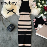 summer women's hanging neck knit long dress round neck stripes hit color waist slim slim ming knit long dress office