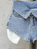 Women's Denim Shorts High Waist Fluorescent Green Cuffs Design Belt Wide Leg Short Pants 2024 Summer New Fashion 29L1819-Outfit