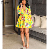 Women Long Sleeve Floral Flower Print Mini Dress Elegant Vintage V-neck Autumn Fall Dresses Party Club
