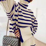 2022 Autumn Winter Oversized Knitted Pullover Women Turtleneck Long Sleeve Khaki Striped Loose Sweater Casual