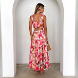 New Women's Retro Sleeveless Short-Skid Wrapping Slings Print High-Rise Half-Body Skirt Two-Piece Suit