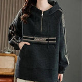 Korean Letter Spliced Pullovers Autumn Winter Women's Clothing Hooded Zipper Chic Drawstring Casual Pockets