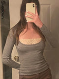 Knitted Y2K Woman Tshirts Patchwork Simple Cute Insta Outfits 2000s Aesthetic Long Sleeve Kawaii Autumn Tops