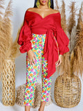 New Summer Fashion Solid-Colored Bare Shoulder Cross Strap Bubble Sleeve Sexy V-Neck Shirt African