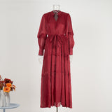 Temperament Dress 2025 New V-Neck Lantern Sleeves Folded Long Silk Dress