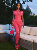 Summer Streetwear 2 Two Piece Sets Tracksuit Outfits Women Short Sleeve Tops 2022 Skinny Pants Hollow Out Matching