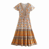 Floral print summer beach Bohemian dress for women Ladies V-neck short sleeve dress female Robe Boho hippie dress