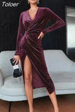 Dresses For Women Party Wedding Evening Elegant Legless Split Long Sleeve Slit Midi Dress Velvet Prom Nightclub