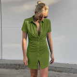 Mini Dress Women Green Slim Club Party Dress Turn-Down Collar Short Tight Dresses Summer Streetwear Blue Shirt