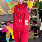 Candy Color Spliced Jumpers Women's Clothing Casual Half High Collar Autumn Winter Chic Letter Patch Designs Sweaters-Outfit