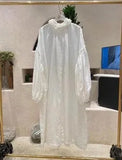 Stand Loose Plus Size Solid White Lantern Sleeve Hemp Cotton Cardigan Woman Dress 425-1-Outfit