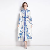 2022 Spring Runway Long Dress Women Long Lantern Sleeve Single Breasted Blue Floral Print Split Boho Dress with