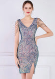 Modest V-neck Sleeveless Sequined Mini Slit Club