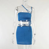 Lace Up Cropped Top Skirt Two Pieces Sets Sleeveless Halter One Shoulder Asymmetric and Mini Skirts Summer Sexy
