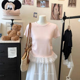 Lace Spliced Under Hem Short Sleeve Lace T-Shirt Summer New Slim White Collar Showing Thin Bottom