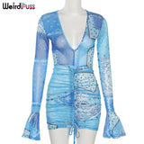 Puss Mesh Sexy Women Long Sleeve Dress Drawstring Bandage Deep V Skinny Mini Bodycon 2021 New Fashion Prom Party
