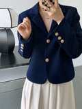 Gold Button Detailed Lapel Button Up Crop Blazer Blue / Khaki Spring Women Short