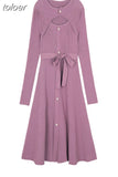Knitting One Piece Dresses Women Casual Long Sleeve Button Sweater Midi Dress Elegant Female Office Korean 2023
