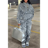Two Piece Sets Women Hooded Print Full Sleeve Splice Denim Tops 2023 Autumn Loose Casual Long Pants Set Pockets-Outfit