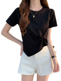 Irregular T-shirt Women Summer Skinny T Shirt Femme Solid Short Sleeve Korean Kpop Slim O-Neck Tshirt Woman Clothes Top-Outfit