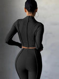 Ribbed Turtleneck Crop Top and Pants 2pc Set 618-1-Outfit