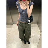 Temperament Lattice Square Collared T-Shirt Woman 2025 Summer To Collect Thin Niche Blouse Broad Leg Slack