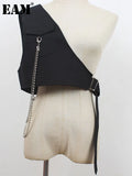 Women Loose Fit Black Irregular Chain Spliced Short Vest New V-collar Sleeveless Fashion Tide Spring Summer 2023