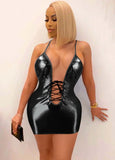 Sexy PU Coating Sleeveless Backless Bandage Hollow Out Mini